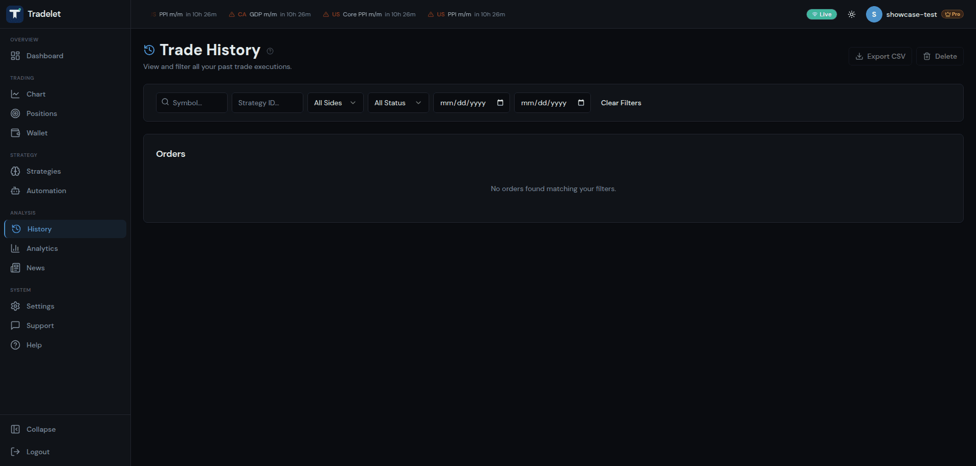 Trade history with filters and CSV export